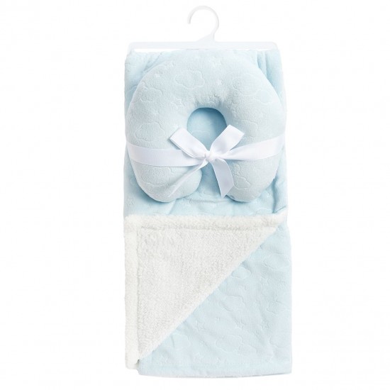 Mink and Sherpa Baby Blanket and Neck Pillow Set - Blue