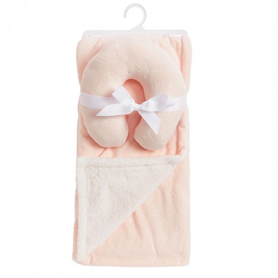 Mink and Sherpa Baby Blanket and Neck Pillow Set - Pink