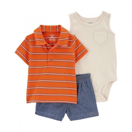 Carter's 3-Piece Polo Stripe Shorts Orange Top and Bodysuit Set - Baby Boy