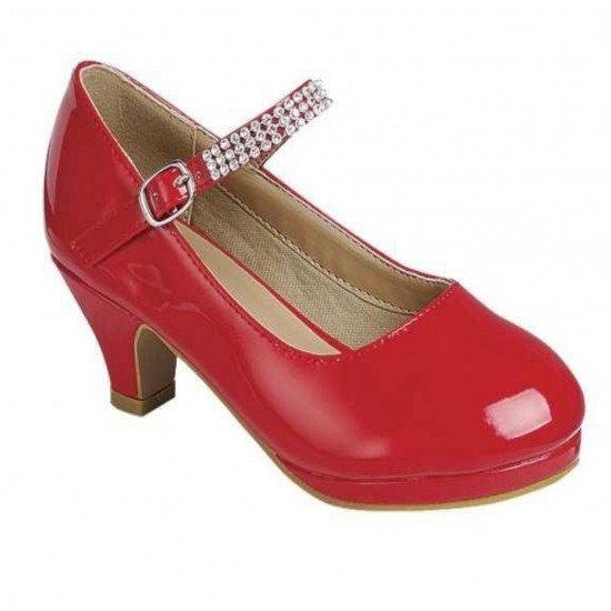Girls' Dress Pumps with Rhinestone Embellished Mary-Jane Strap - RED Girls' Dress Pumps with Rhinestone Embellished Mary-Jane Strap - RED