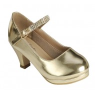 Girls' Dress Pumps with Rhinestone Embellished Mary-Jane Strap - GOLD Girls' Dress Pumps with Rhinestone Embellished Mary-Jane Strap - GOLD