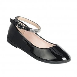 Girls Dress Shoes - Patent Shine Flats with Rhinestone Strap - BLACK