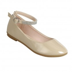 Girls Dress Shoes - Patent Shine Flats with Rhinestone Strap - BEIGE