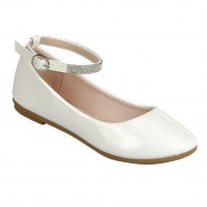 Girls Dress Shoes - Patent Shine Flats with Rhinestone Strap - WHITE