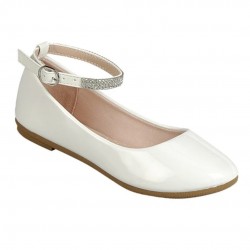 Girls Dress Shoes - Patent Shine Flats with Rhinestone Strap - WHITE