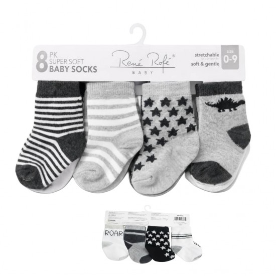 René Rofé Baby 8-Pack Soft Cotton Socks for Infants (0-9m) 