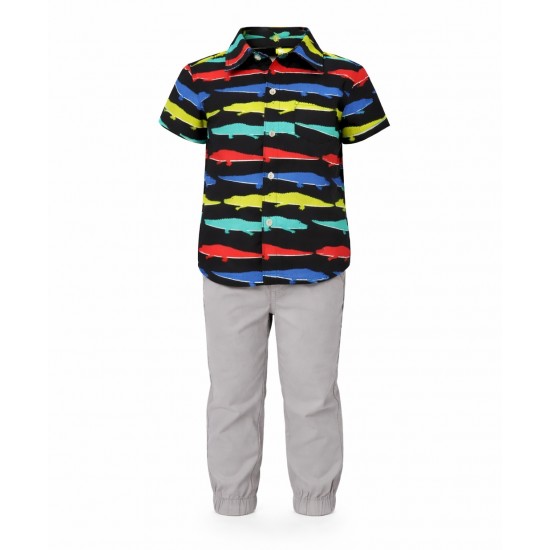 Toddler Boys 2-Piece Jogger Set (Striped Shirt & Twill Pants) - Alligator Design Toddler Boys 2-Piece Jogger Set (Striped Shirt & Twill Pants) - Alligator Design