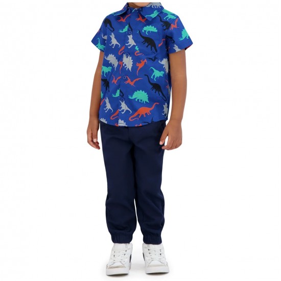 Toddler Boys 2-Piece Jogger Set (Striped Shirt & Twill Pants) - Dino Design 