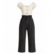 Girls Striped Jumpsuit – Short Sleeve Button Front Wide Leg Outfit (Black & White)