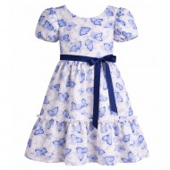 Girls Butterfly Print Dress with Hair Clip – Puff Sleeve Party Dress (Blue & White) Girls Butterfly Print Dress with Hair Clip – Puff Sleeve Party Dress (Blue & White)