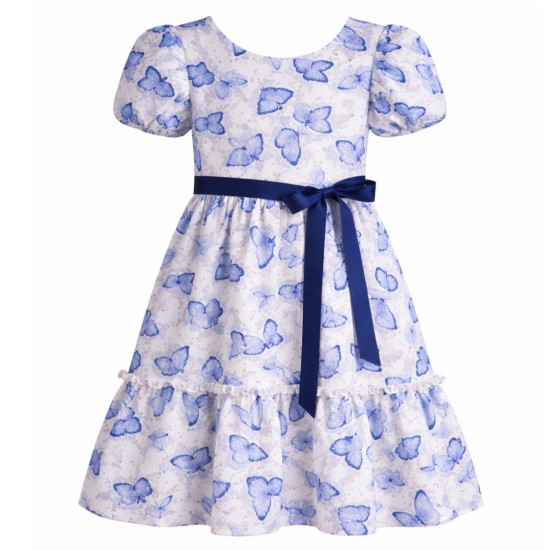 Girls Butterfly Print Dress with Hair Clip – Puff Sleeve Party Dress (Blue & White)