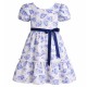 Girls Butterfly Print Dress with Hair Clip – Puff Sleeve Party Dress (Blue & White)