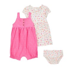 Baby Girl Floral Dress & Romper Set with Diaper Cover – 3-Piece Cotton Outfit (Pink)
