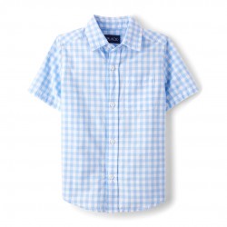 Boys Blue Gingham Button-Up Shirt – Short Sleeve Cotton Poplin Shirt