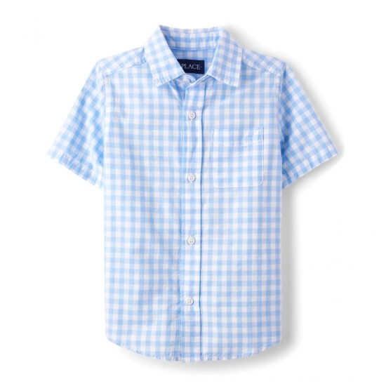 Boys Blue Gingham Button-Up Shirt – Short Sleeve Cotton Poplin Shirt