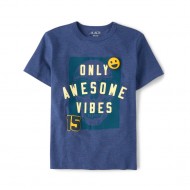 Boys “Only Awesome Vibes” Graphic Tee – Blue Short Sleeve Cotton Blend T-Shirt
