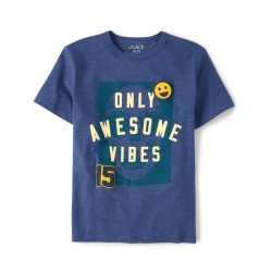 Boys “Only Awesome Vibes” Graphic Tee – Blue Short Sleeve Cotton Blend T-Shirt