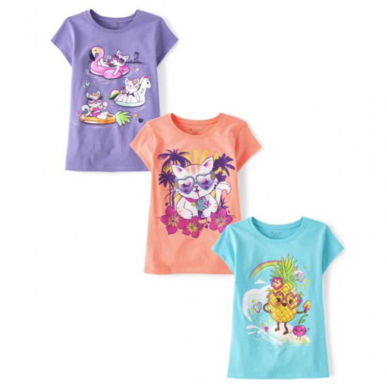 Girls Graphic Tee 3-Pack – Cotton Short Sleeve T-Shirts (Surf & Cat Designs)