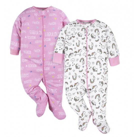 Gerber Onesies Baby Girl Sleep ‘N Play 2-Pack (100% Cotton Zip Front)