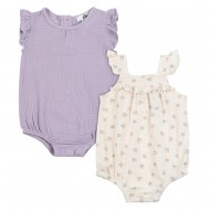 Wonderluxe Baby Girls 2-Pack Flutter Sleeve Bubble Rompers – Floral & Solid Outfit Set