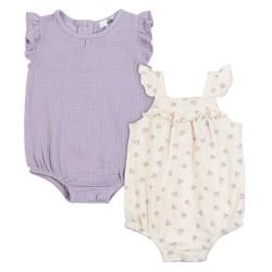 Wonderluxe Baby Girls 2-Pack Flutter Sleeve Bubble Rompers – Floral & Solid Outfit Set
