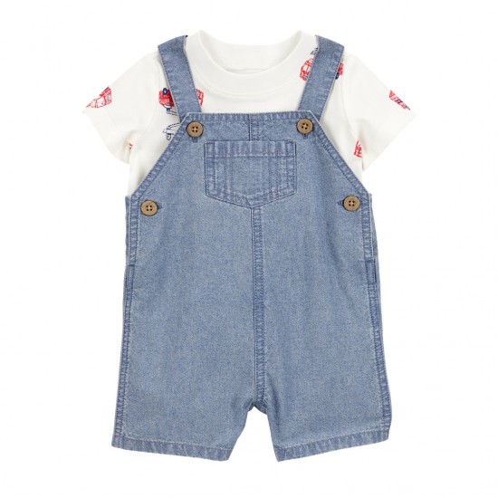 Carter’s Baby Boy 2-Piece Fire Truck Tee & Shortall Set – Grey