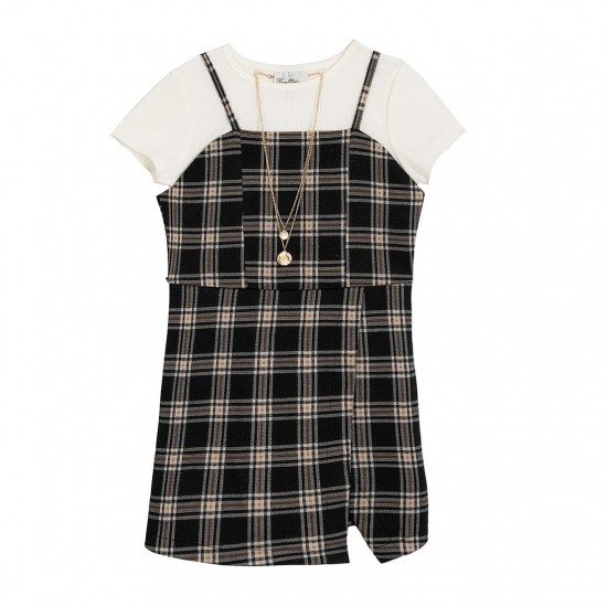 Rare Editions Big Girls Plaid 2-Piece Layered Dress Set – Black & White Rare Editions Big Girls Plaid 2-Piece Layered Dress Set – Black & White