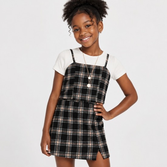 Rare Editions Big Girls Plaid 2-Piece Layered Dress Set – Black & White Rare Editions Big Girls Plaid 2-Piece Layered Dress Set – Black & White