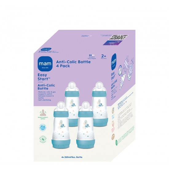 MAM Easy Start™ Self-Sterilizing Anti-Colic Baby Bottle Blue – 260 ml x 4 Bottles 