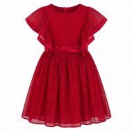 Girls Metallic Lurex Chiffon Sleeveless Dress – Red