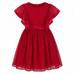 Girls Metallic Lurex Chiffon Sleeveless Dress – Red