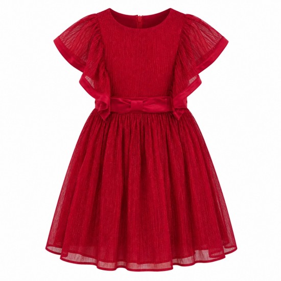 Girls Metallic Lurex Chiffon Sleeveless Dress – Red