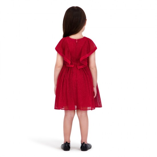 Girls Metallic Lurex Chiffon Sleeveless Dress – Red