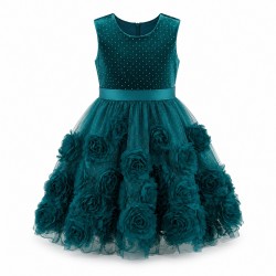 Girls Sparkle Velvet & Glitter Mesh Sleeveless Dress – Evergreen