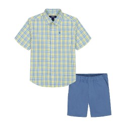 IZOD Boys 2-Piece Plaid Shirt & Shorts Set (Sizes 4–7) - Yellow/Blue 