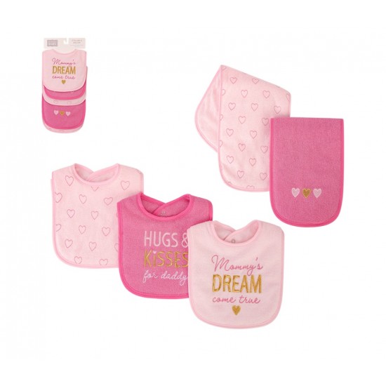 Hudson Baby Girls' 3-Piece Bib and 2-Piece Burp Cloth Set – Pink