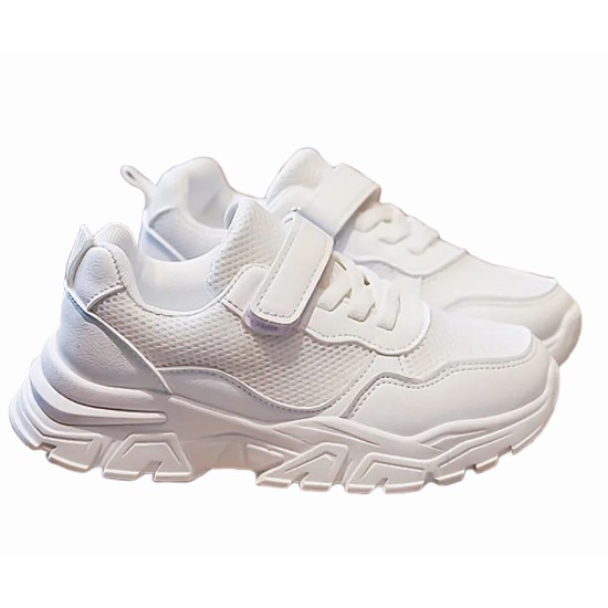 Mesh White Boy-Girl Running Sneaker with Lace & Velcro Closure by Sharp Edge