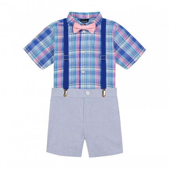 Toddler Boy 4-Piece Suspenders Shirt Set - Blue Plaid