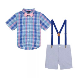 Toddler Boy 4-Piece Suspenders Shirt Set - Blue Plaid Toddler Boy 4-Piece Suspenders Shirt Set - Blue Plaid