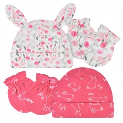 Gerber 4-Piece Baby Girls Floral & Bunnies Caps & No Scratch Mittens Set