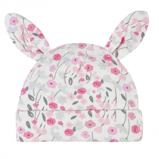 Gerber 4-Piece Baby Girls Floral & Bunnies Caps & No Scratch Mittens Set