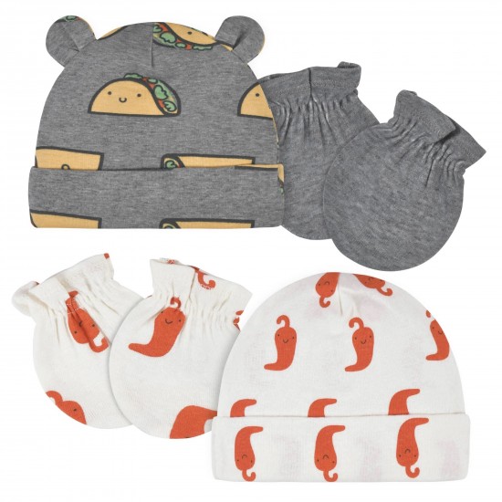 Gerber 4-Piece Baby Neutral Tacos Caps & No Scratch Mittens Set