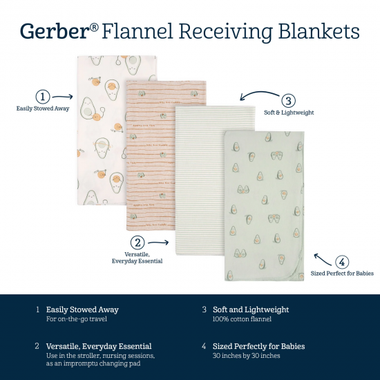 Gerber 4-Pack Baby Neutral Avo-Cuddle Flannel Blankets