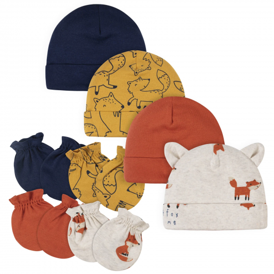 Gerber 8-Piece Baby Boys Fox Caps & Mittens Set