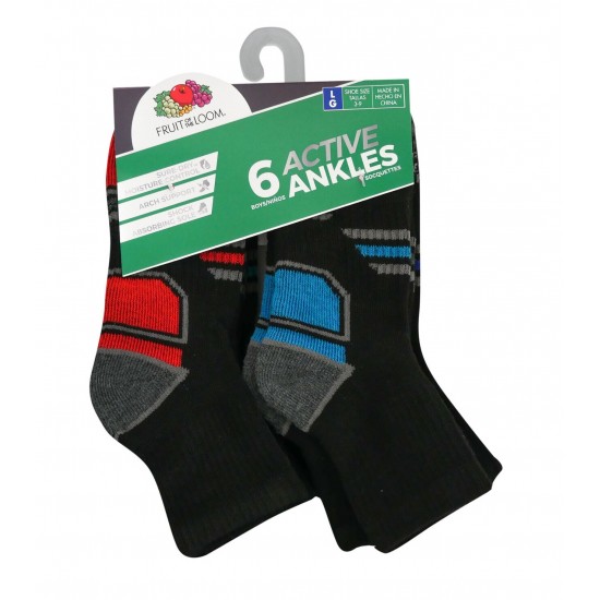 Fruit of the Loom Boys' Active Cushioned Ankle Socks 6 Pack- BLACK