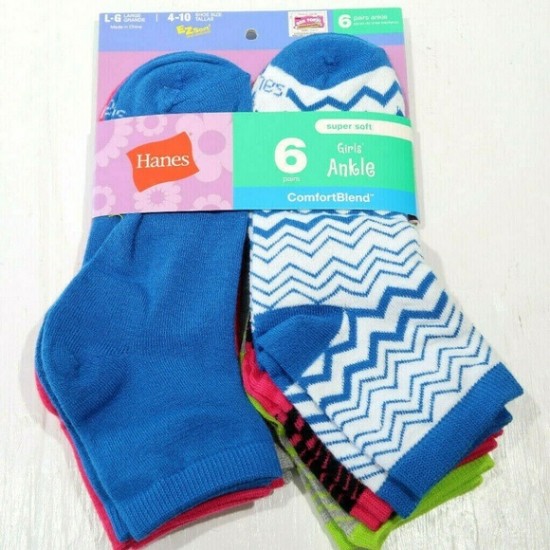 Hanes Girls 6 Pack Multicolor Ankle Socks  - Medium