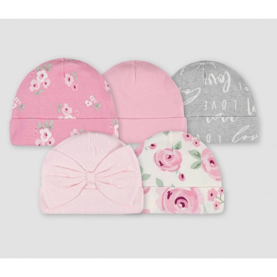 Gerber Baby Girls' 5pk Floral Caps - Pink/Gray