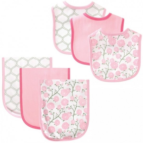 Hudson Baby Infant Girl Cotton Bib and Burp Cloth Set 6pk - Flower