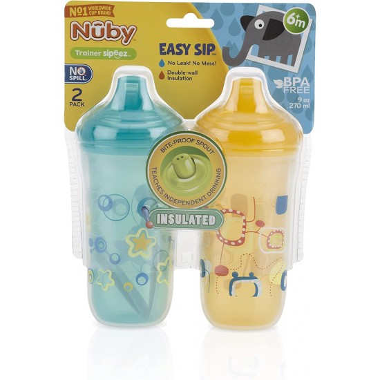 Nuby No-Spill Sippers - Insulated Cool Plastic - Yellow/Blue 