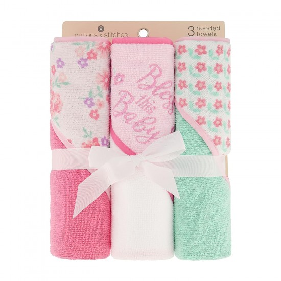 Buttons & Stitches Baby Girl 3 Pack Hooded Towels in Bless This Baby Print